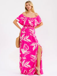 WOMEN'S OFF SHOULDER SHORT SLEEVE SMOCK WAIST SIDE SLIT FLORAL MAXI DRESS