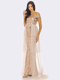 WOMEN'S SLEEVELESS OFF SHOULDER SEQUINS MAXI DRESS