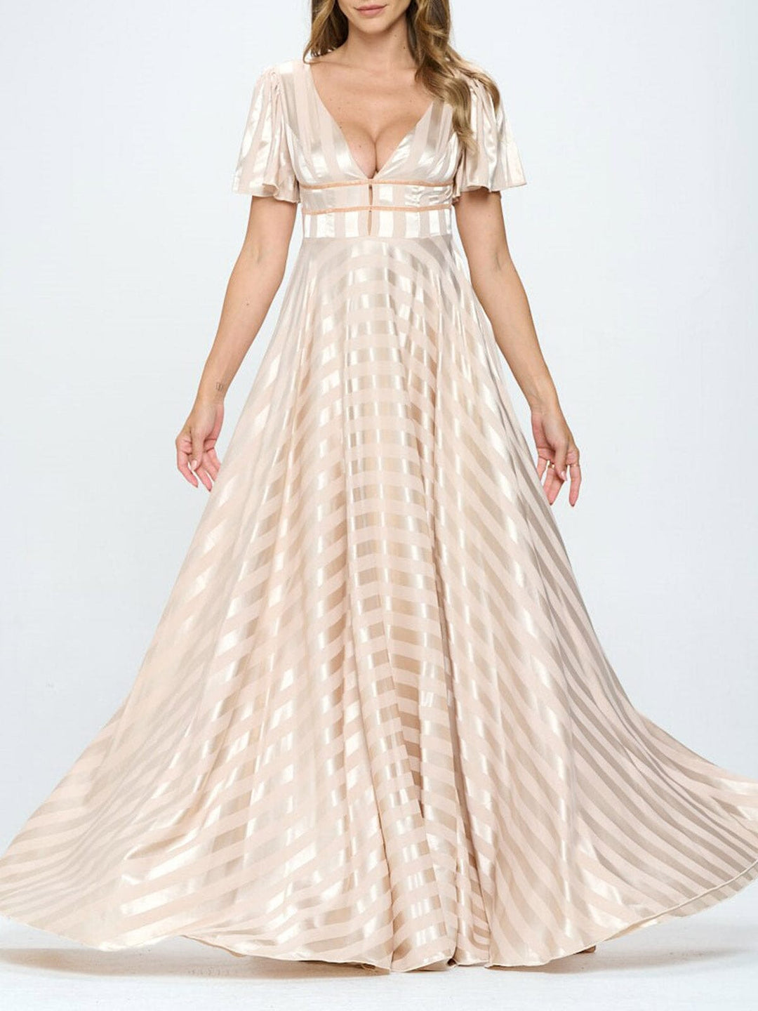 WOMEN'S SHORT SLEEVE V-NECK LOW OPEN BACK DETAILED MAXI DRESS