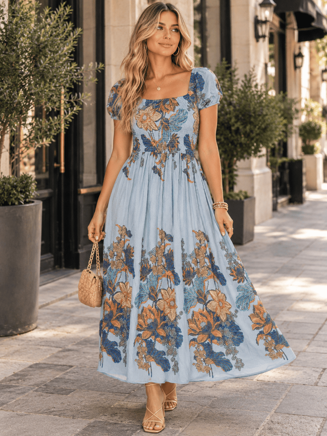 WOMEN'S SHORT SLEEVE SMOCK FLORAL PRINT MAXI DRESS