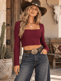 WOMEN'S LONG SLEEVE SQUARE NECK BANDAGE CROP TOP
