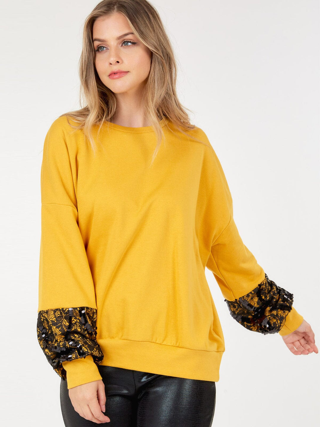 WOMEN'S LONG SLEEVE LACE SEQUINS PULLOVER SWEATER