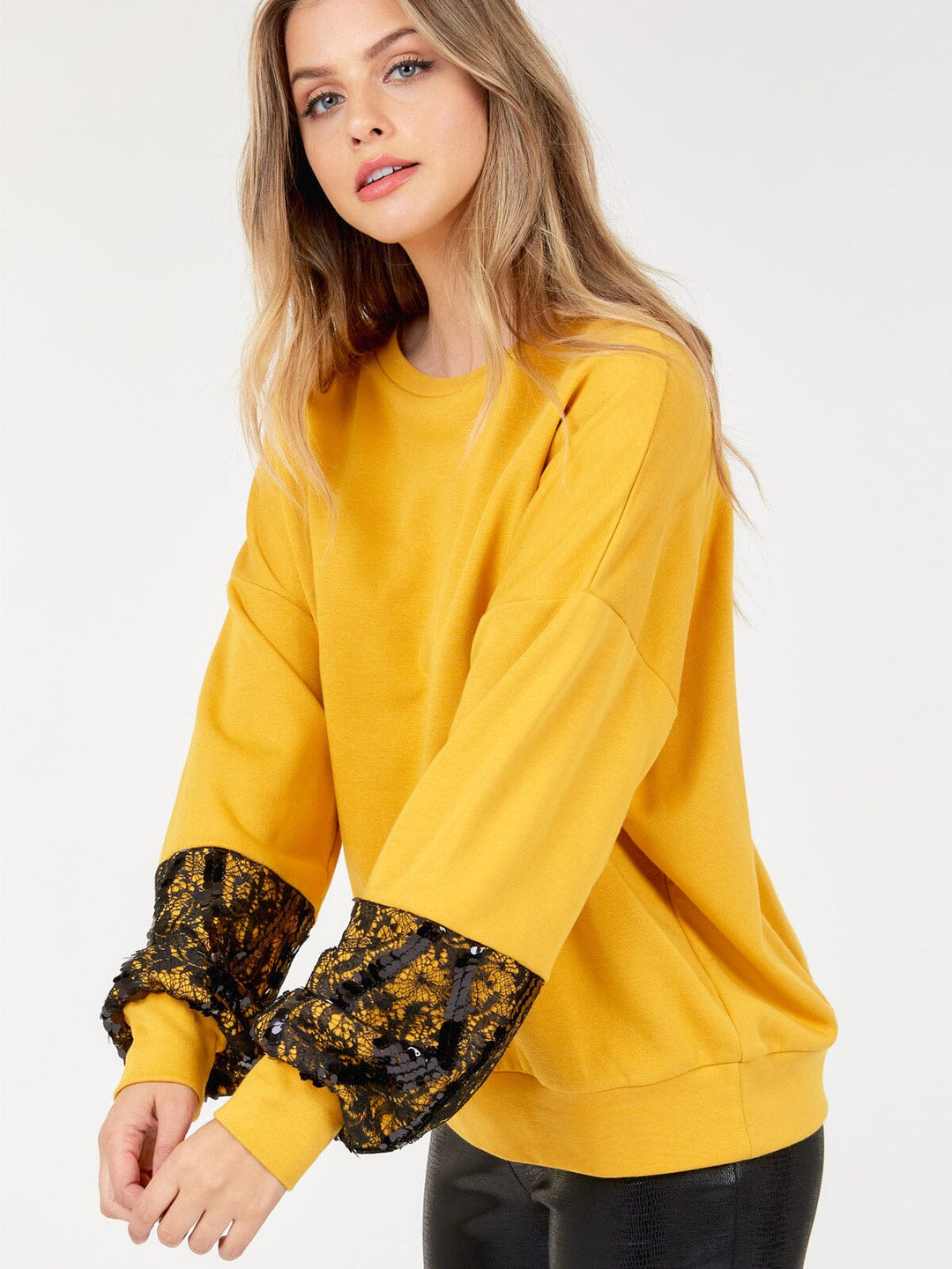 WOMEN'S LONG SLEEVE LACE SEQUINS PULLOVER SWEATER