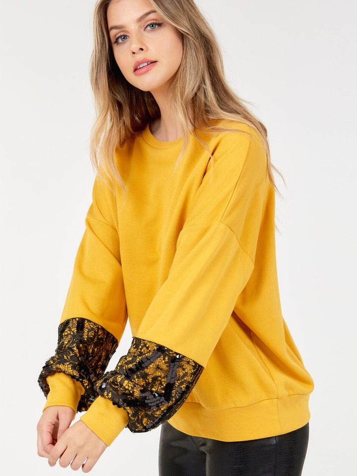 WOMEN'S LONG SLEEVE LACE SEQUINS PULLOVER SWEATER