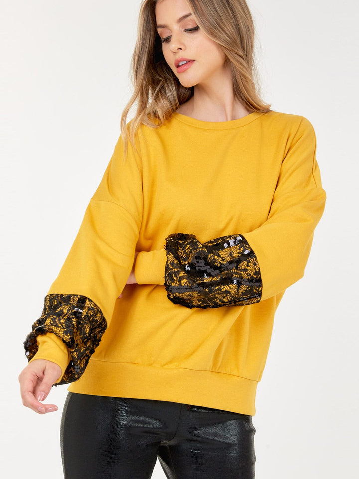 WOMEN'S LONG SLEEVE LACE SEQUINS PULLOVER SWEATER