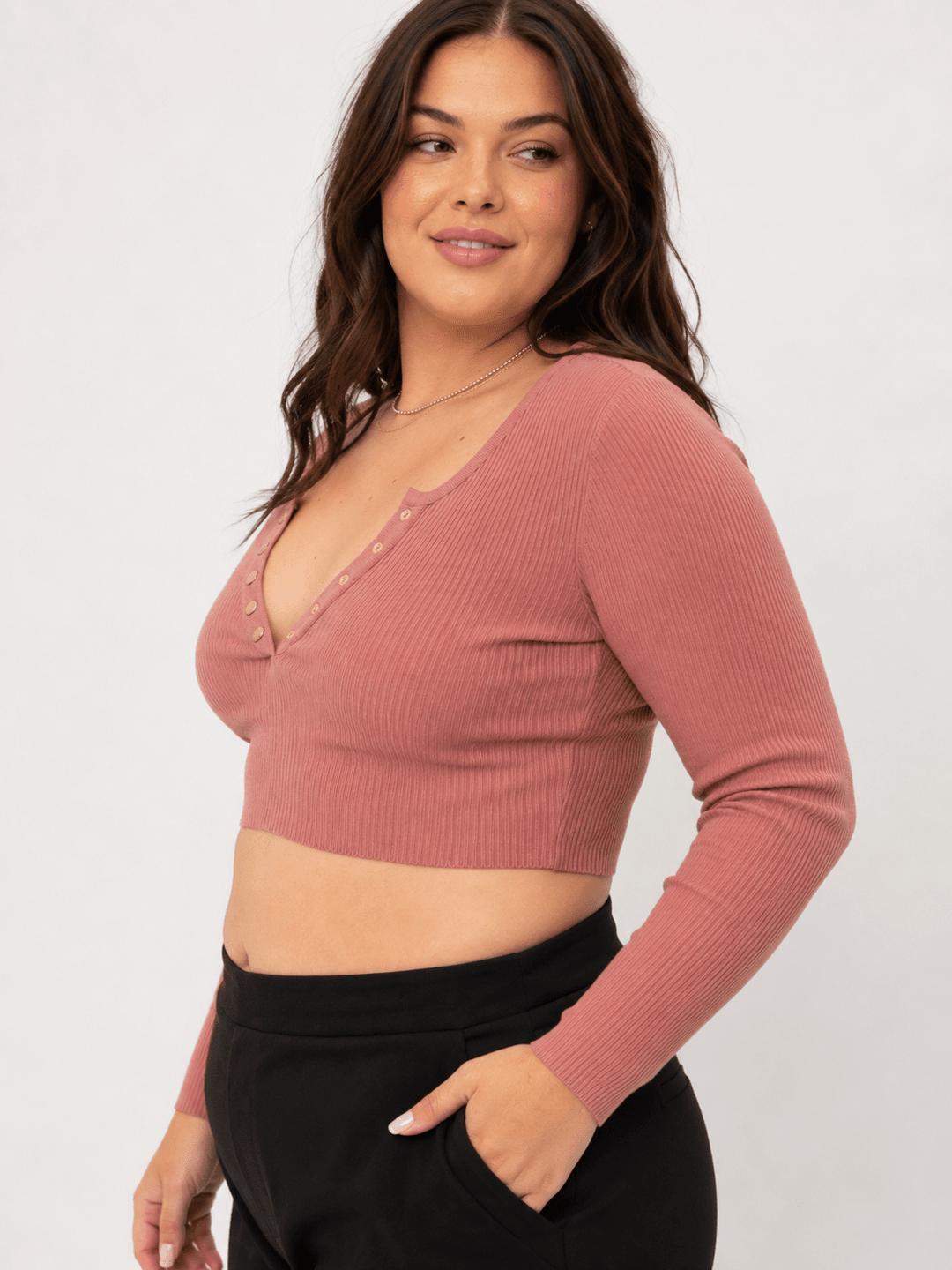 PLUS SIZE LONG SLEEVE BUTTON CLOSURE RIBBED CROP TOP