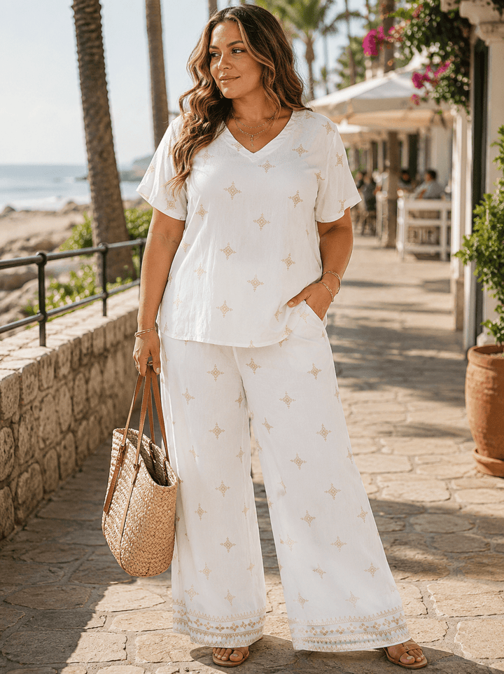 PLUS SIZE SHORT SLEEVE BLOUSE & ELASTIC WAIST PANTS EMBROIDERY 2PC. SET