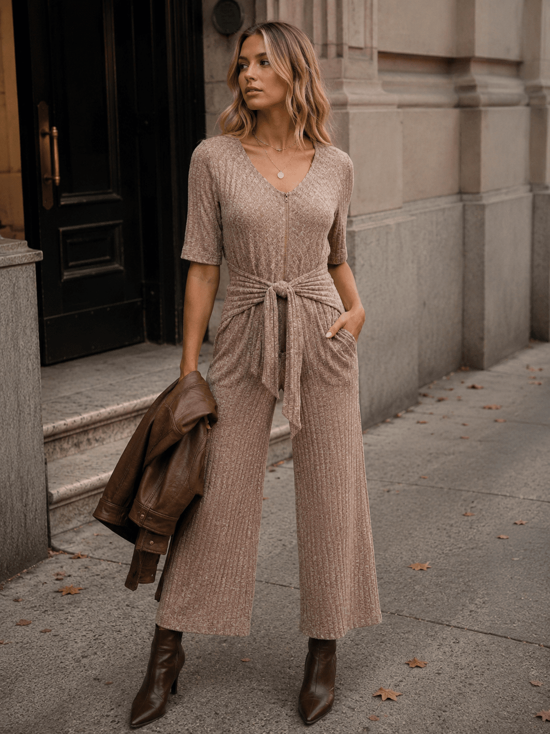WOMEN'S SHORT SLEEVE ZIP UP FRONT POCKETS SELF TIE RIBBED WIDE LEG JUMPSUIT