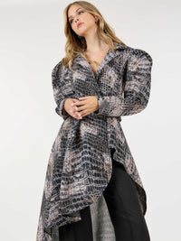 WOMEN'S LONG PUFF SLEEVE BUTTON CLOSURE BELTED HIGH-LOW COAT