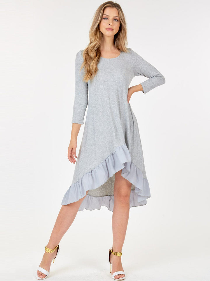 WOMEN'S 3/4 SLEEVE TUNIC RUFFLE BOTTOM HEM HIGH LOW MIDI DRESS