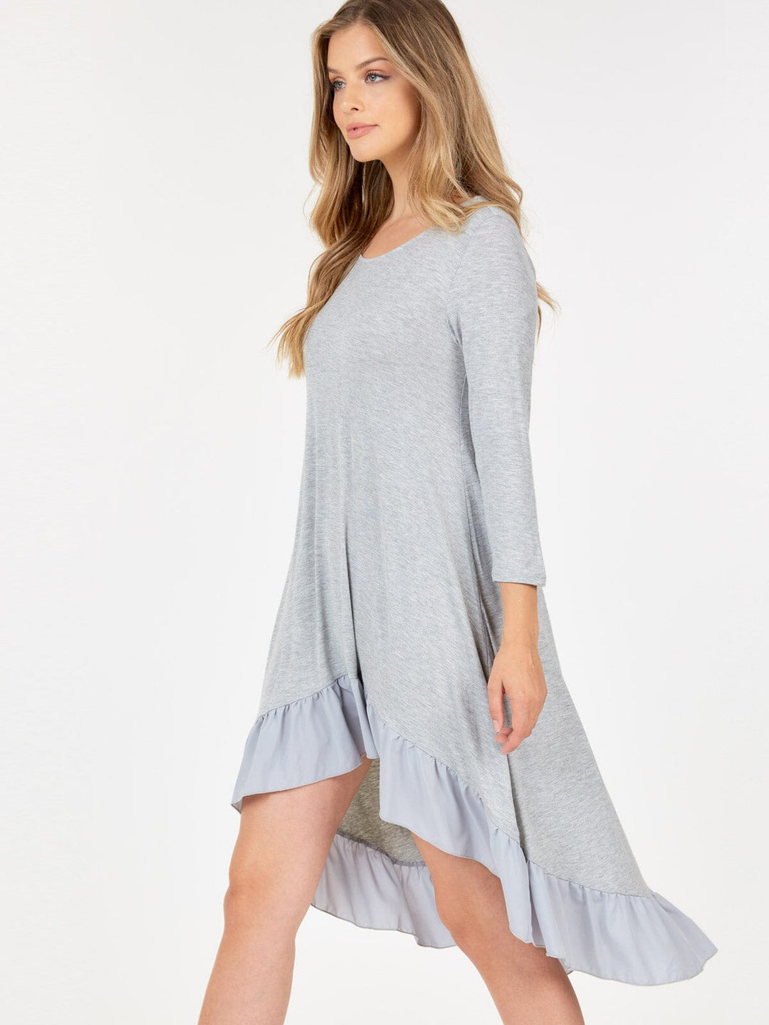 WOMEN'S 3/4 SLEEVE TUNIC RUFFLE BOTTOM HEM HIGH LOW MIDI DRESS