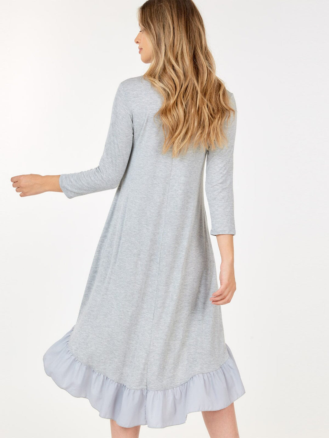 WOMEN'S 3/4 SLEEVE TUNIC RUFFLE BOTTOM HEM HIGH LOW MIDI DRESS