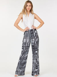 WOMEN'S ZIP UP MULTI PRINT WIDE LEG PANTS