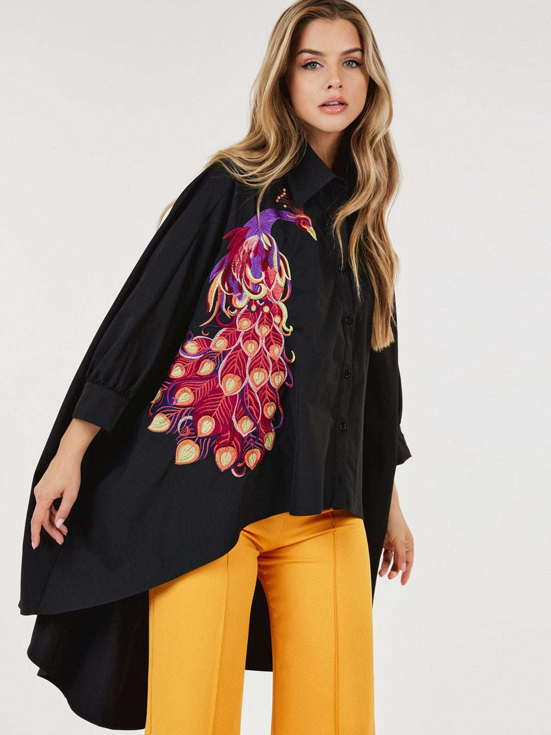 WOMEN'S LONG SLEEVE BUTTON UP HIGH LOW PRINT TUNIC BLOUSE