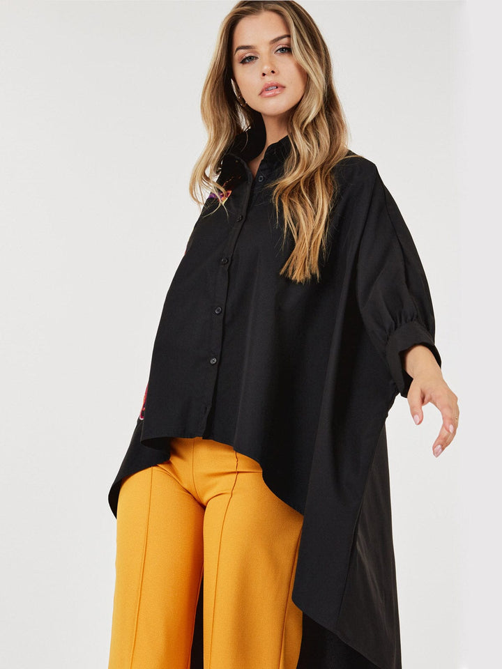 WOMEN'S LONG SLEEVE BUTTON UP HIGH LOW PRINT TUNIC BLOUSE