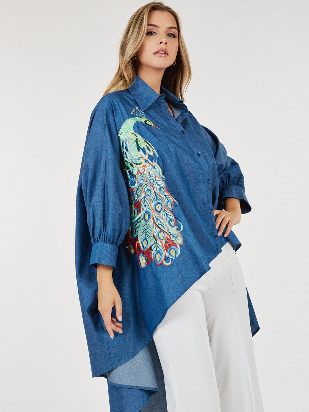 WOMEN'S LONG SLEEVE BUTTON UP HIGH LOW PRINT TUNIC BLOUSE