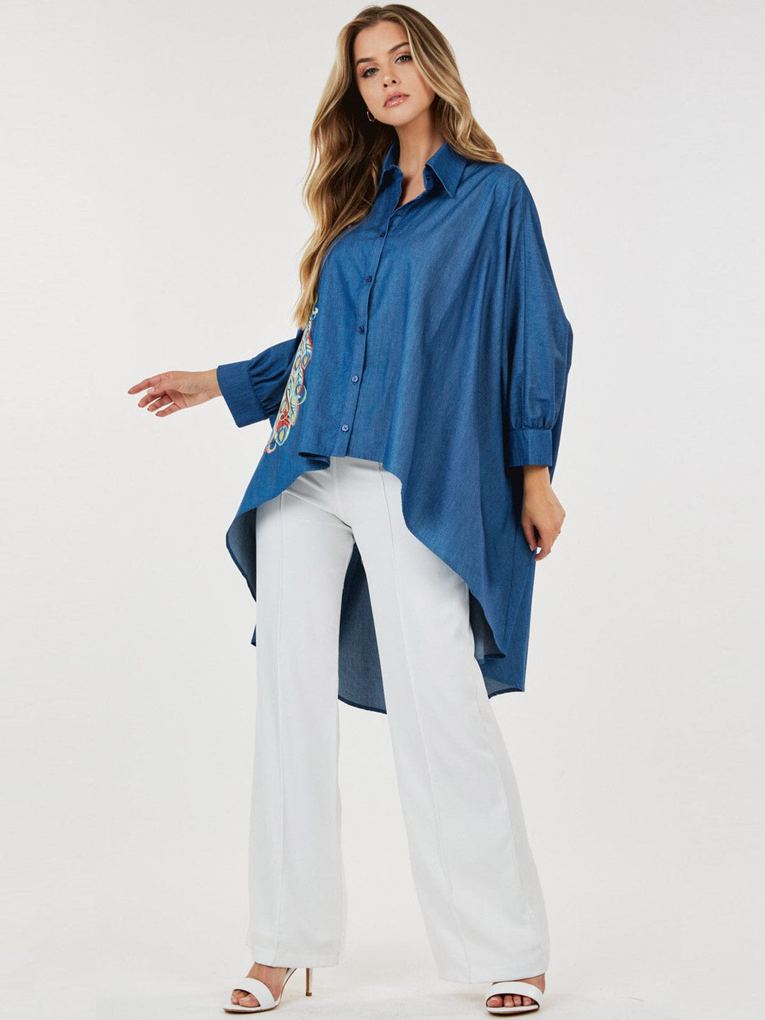 WOMEN'S LONG SLEEVE BUTTON UP HIGH LOW PRINT TUNIC BLOUSE