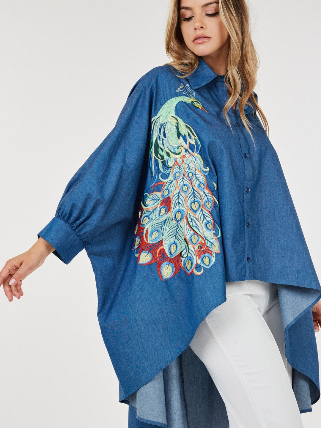 WOMEN'S LONG SLEEVE BUTTON UP HIGH LOW PRINT TUNIC BLOUSE