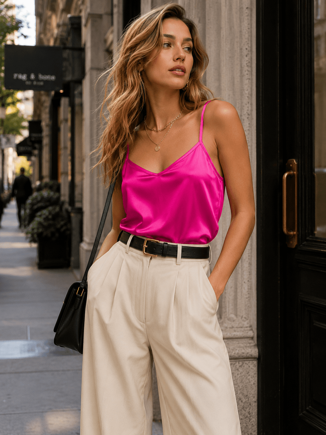 WOMEN'S SLEEVELESS V-NECK SATIN TANK TOP