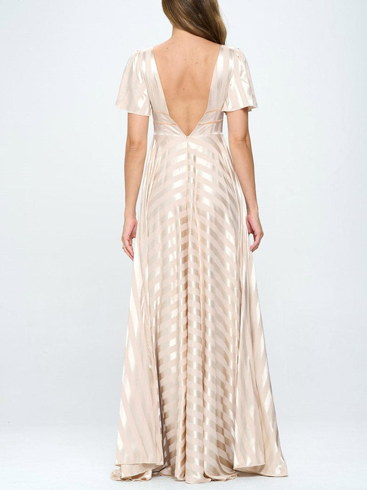 WOMEN'S SHORT SLEEVE V-NECK LOW OPEN BACK DETAILED MAXI DRESS