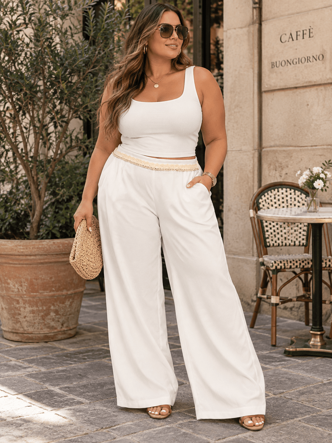 PLUS SIZE ELASTIC DETAILED WAIST FRONT POCKETS WIDE LEG PANTS