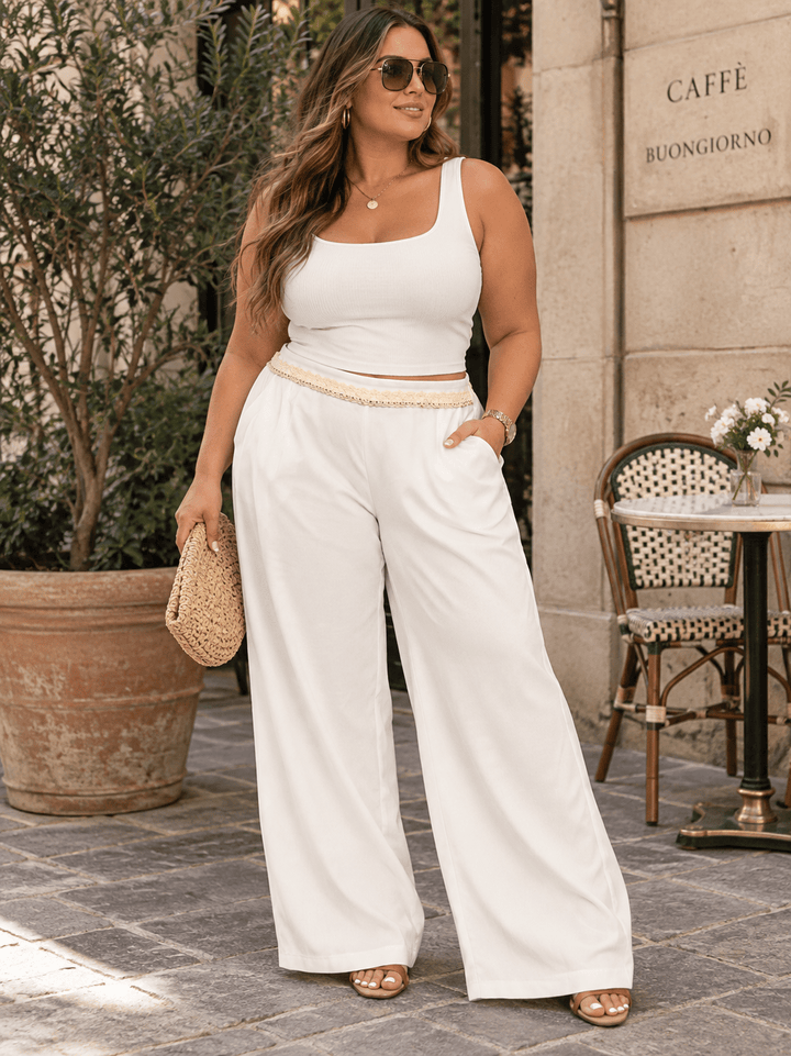 PLUS SIZE ELASTIC DETAILED WAIST FRONT POCKETS WIDE LEG PANTS