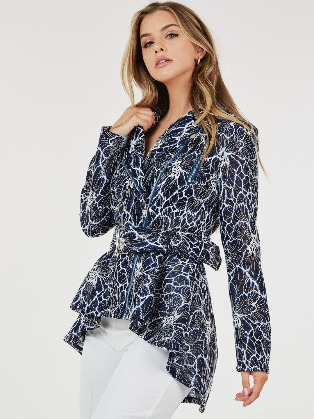 WOMEN'S LONG SLEEVE ZIP UP HIGH-LOW BELTED JACKET