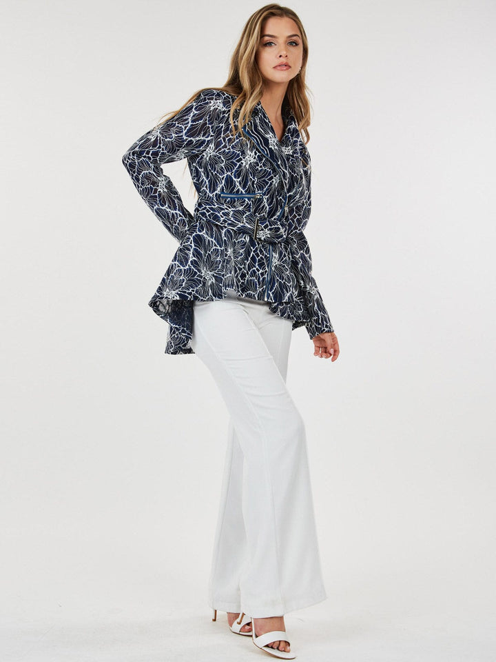 WOMEN'S LONG SLEEVE ZIP UP HIGH-LOW BELTED JACKET