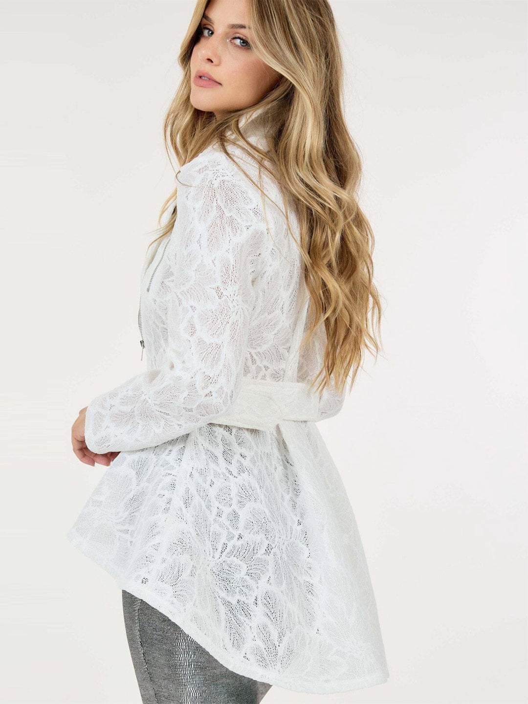 WOMEN'S LONG SLEEVE ZIP UP HIGH-LOW BELTED JACKET