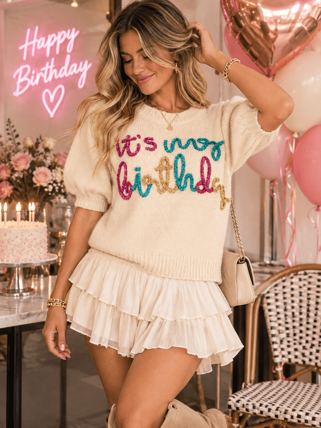 WOMEN'S SHORT SLEEVE IT'S MY BIRTHDAY SWEATER TOP