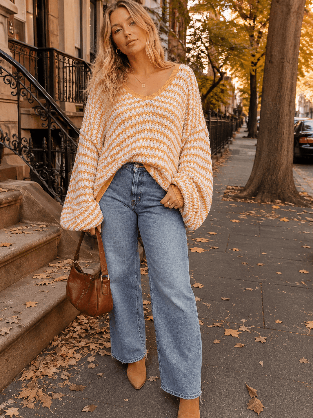 WOMEN'S LONG SLEEVE V-NECK COLORBLOCK OVERSIZED PULLOVER SWEATER