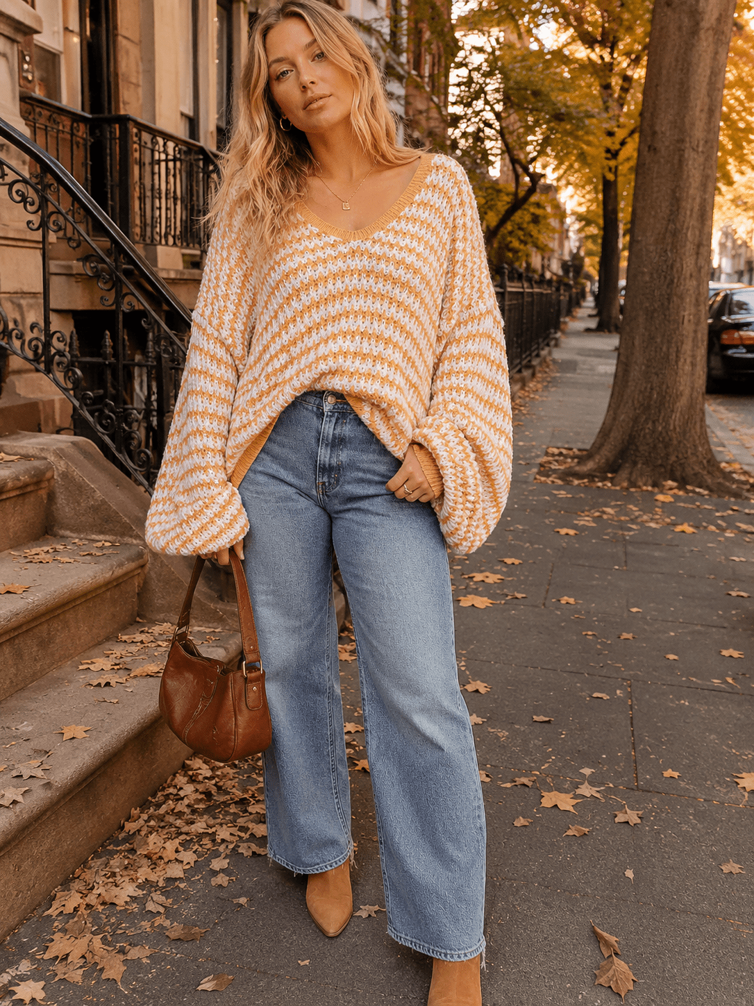 WOMEN'S LONG SLEEVE V-NECK COLORBLOCK OVERSIZED PULLOVER SWEATER
