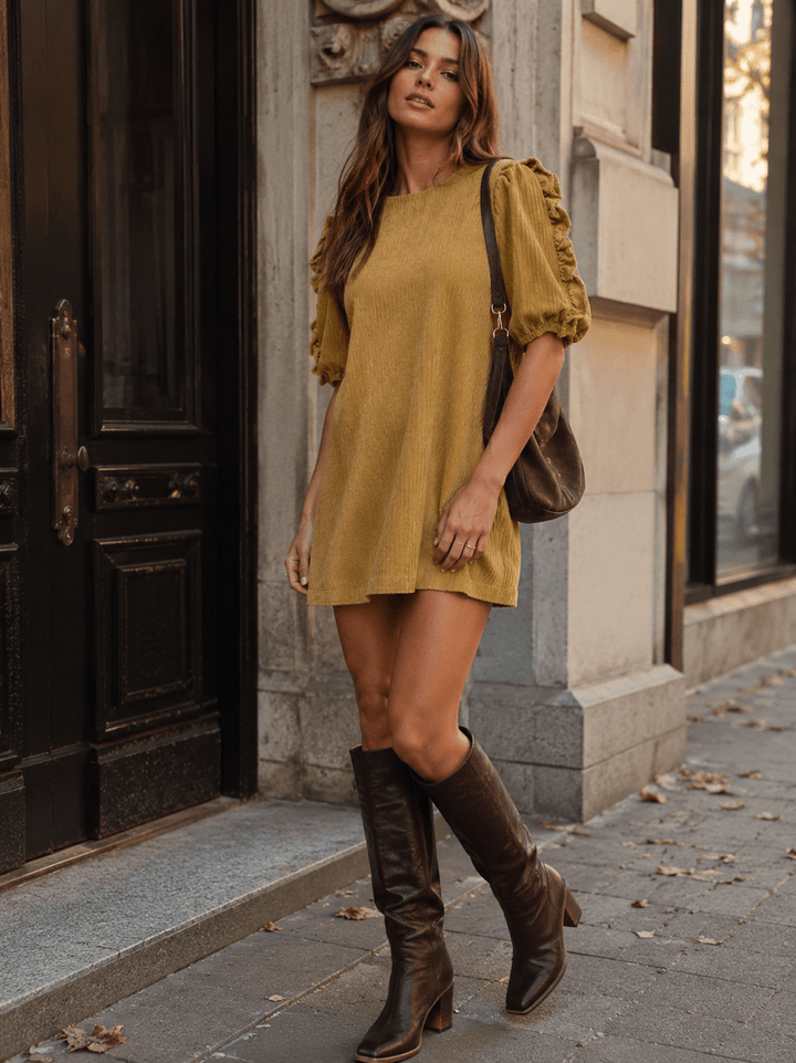 WOMEN'S SHORT PUFF SLEEVE FRONT POCKETS CORDUROY MINI DRESS