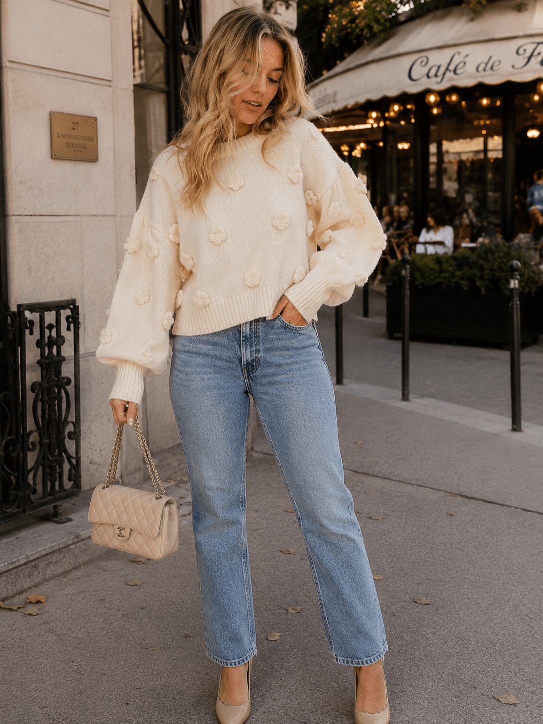 WOMEN'S LONG SLEEVE FLOWER DETAILED PULLOVER SWEATER