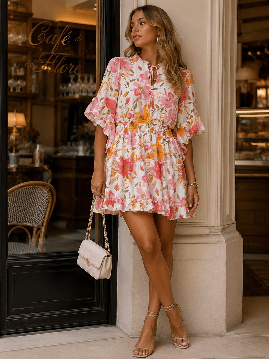 WOMEN'S SHORT RUFFLE SLEEVE V-NECK SMOCK WAIST FLORAL MINI DRESS 2M-3L