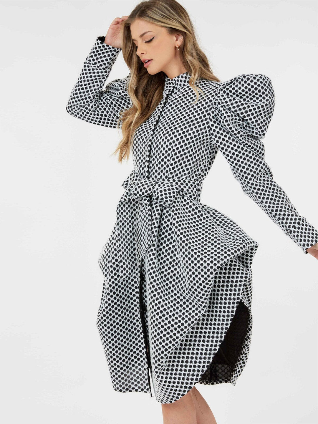 WOMEN'S LONG PUFF SLEEVE BUTTON CLOSURE COLORBLOCK SHIMMER MINI DRESS