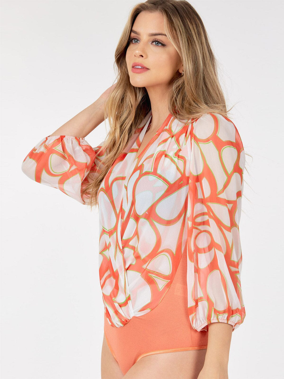 WOMEN'S 3/4 SLEEVE SURPLICE MULTI PRINT BODYSUIT