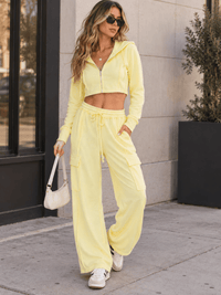 WOMEN'S LONG SLEEVE CROP JACKET & ELASTIC WAIST PANTS SOLID 2PC. SET