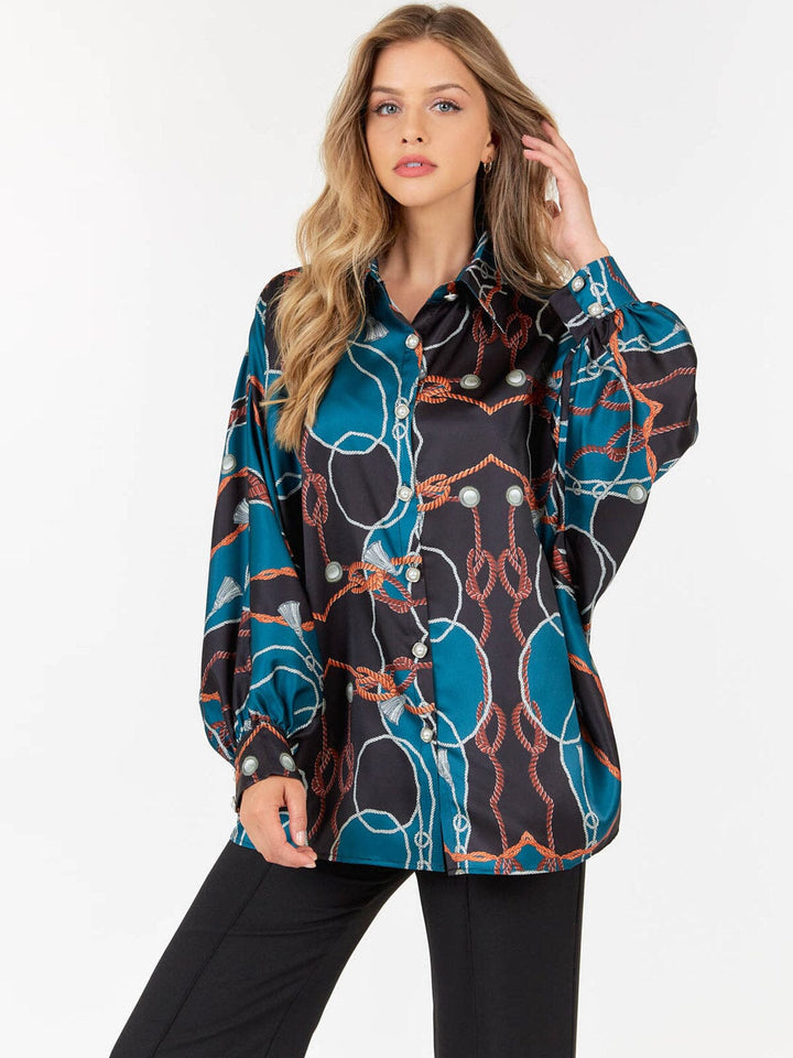 WOMEN'S LONG SLEEVE BUTTON UP MULTI PRINT BLOUSE