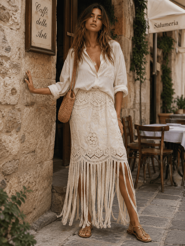 WOMEN'S ELASTIC WAIST FRINGE CROCHET MAXI SKIRT