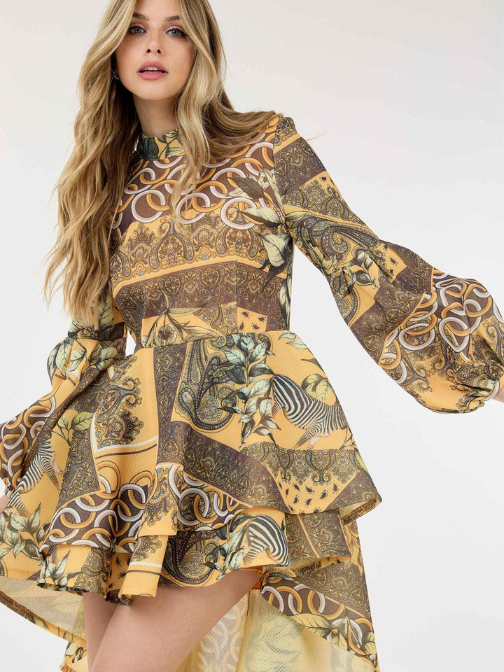 WOMEN'S LONG BALLON SLEEVE HIGH-LOW RUFFLE MULTI PRINT MINI DRESS