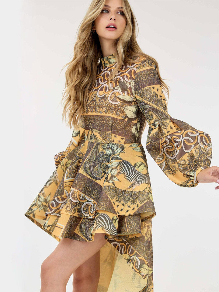 WOMEN'S LONG BALLON SLEEVE HIGH-LOW RUFFLE MULTI PRINT MINI DRESS