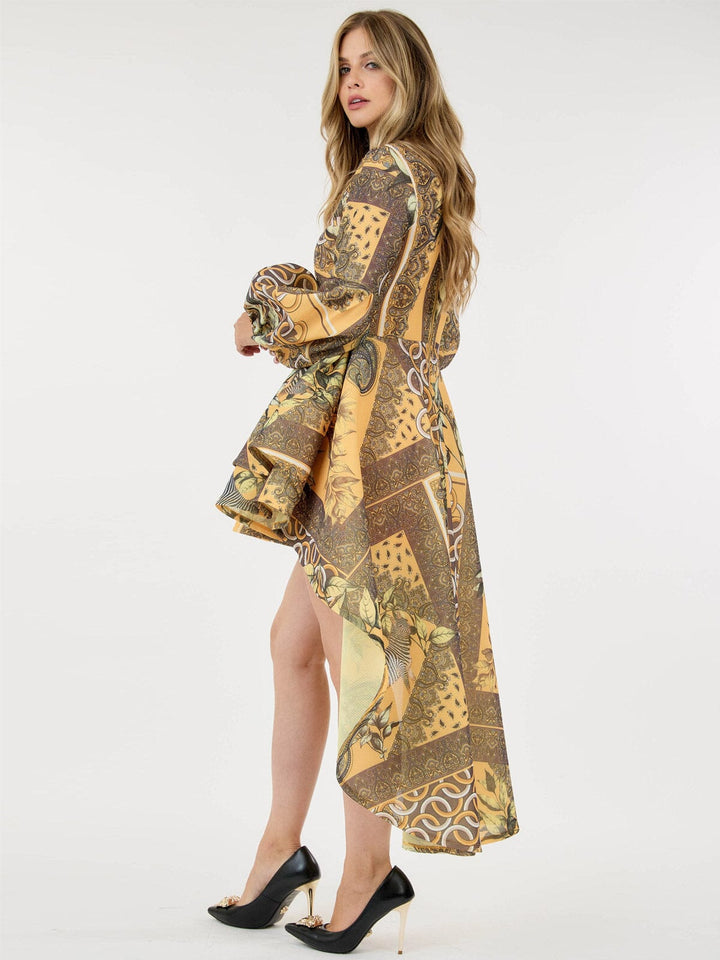 WOMEN'S LONG BALLON SLEEVE HIGH-LOW RUFFLE MULTI PRINT MINI DRESS