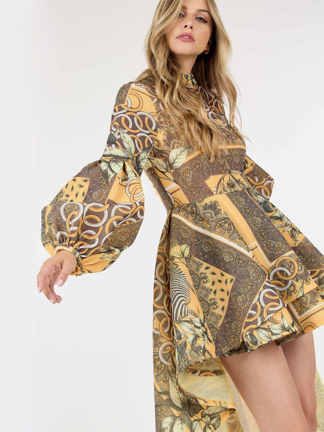 WOMEN'S LONG BALLON SLEEVE HIGH-LOW RUFFLE MULTI PRINT MINI DRESS
