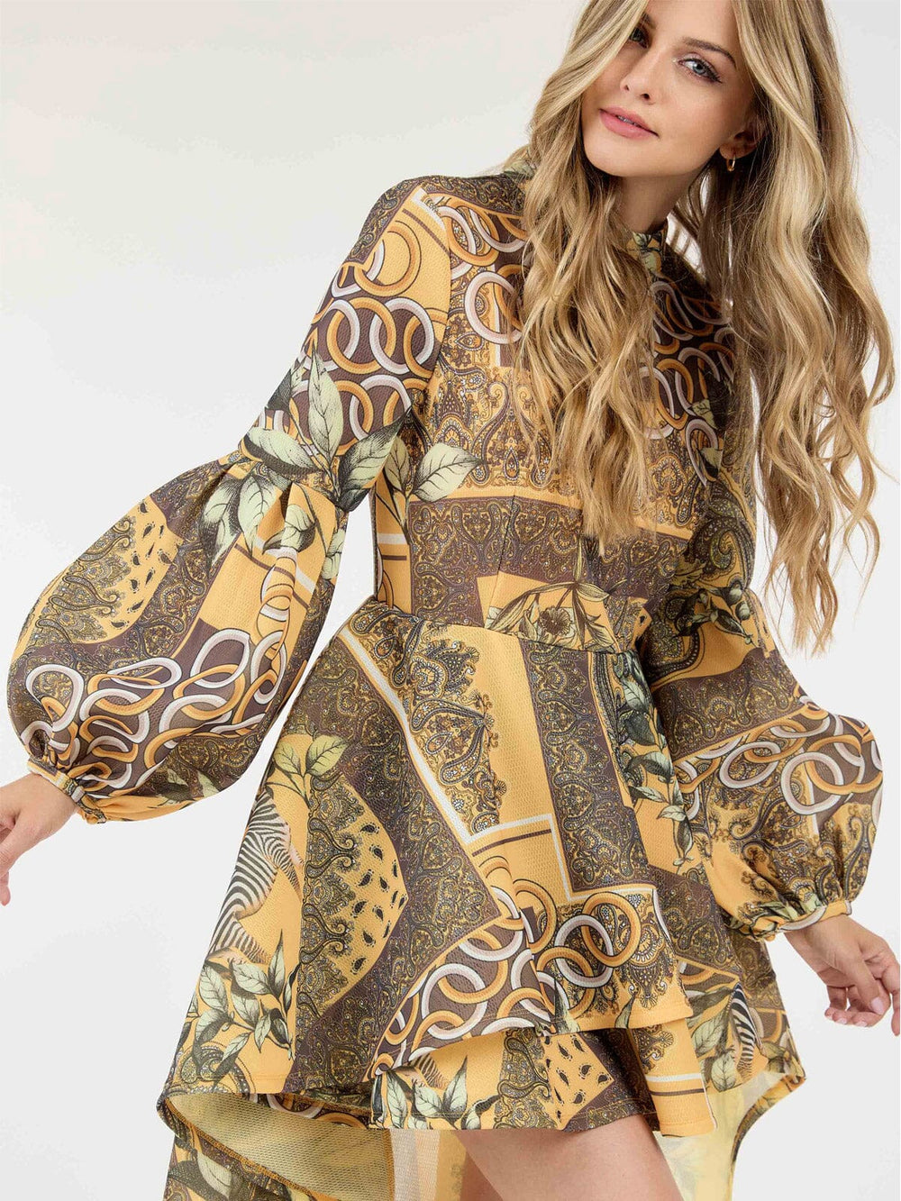 WOMEN'S LONG BALLON SLEEVE HIGH-LOW RUFFLE MULTI PRINT MINI DRESS