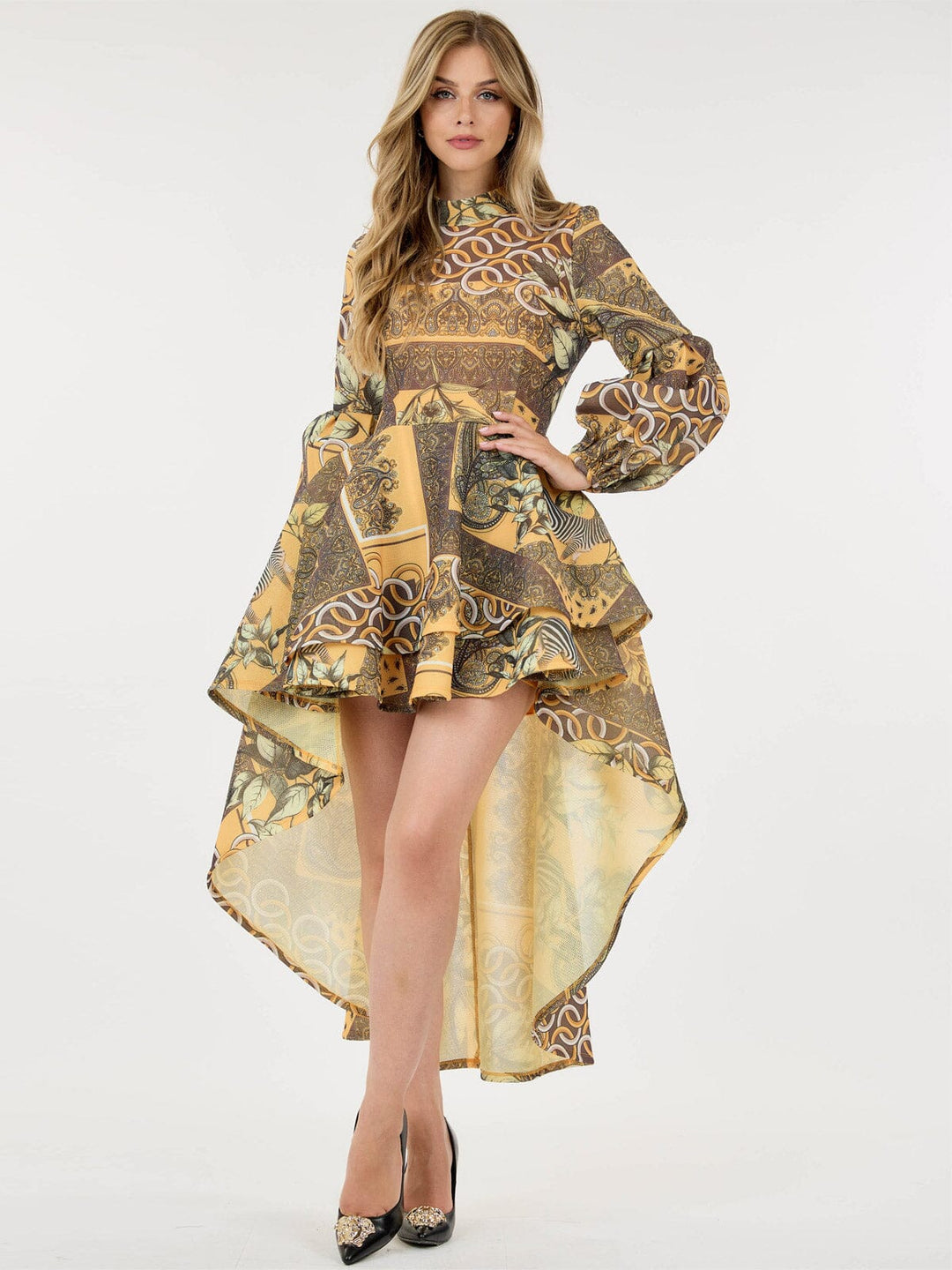 WOMEN'S LONG BALLON SLEEVE HIGH-LOW RUFFLE MULTI PRINT MINI DRESS