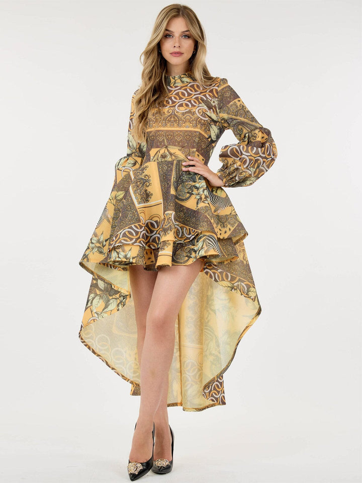 WOMEN'S LONG BALLON SLEEVE HIGH-LOW RUFFLE MULTI PRINT MINI DRESS