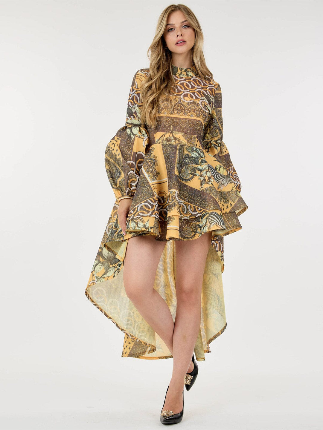 WOMEN'S LONG BALLON SLEEVE HIGH-LOW RUFFLE MULTI PRINT MINI DRESS