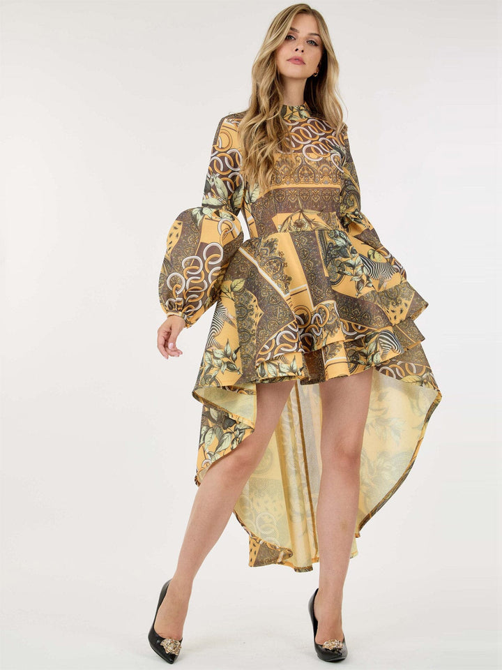 WOMEN'S LONG BALLON SLEEVE HIGH-LOW RUFFLE MULTI PRINT MINI DRESS