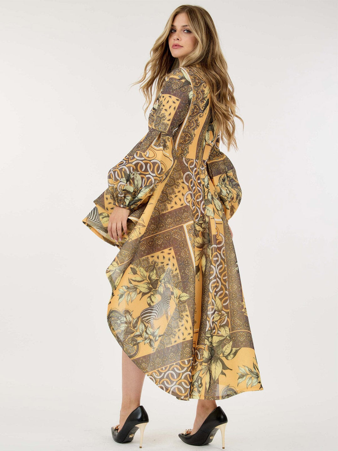 WOMEN'S LONG BALLON SLEEVE HIGH-LOW RUFFLE MULTI PRINT MINI DRESS